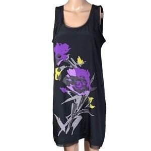 Elle Womens Shift Dress Silky Sleeveless Floral Summer Black Purple Small